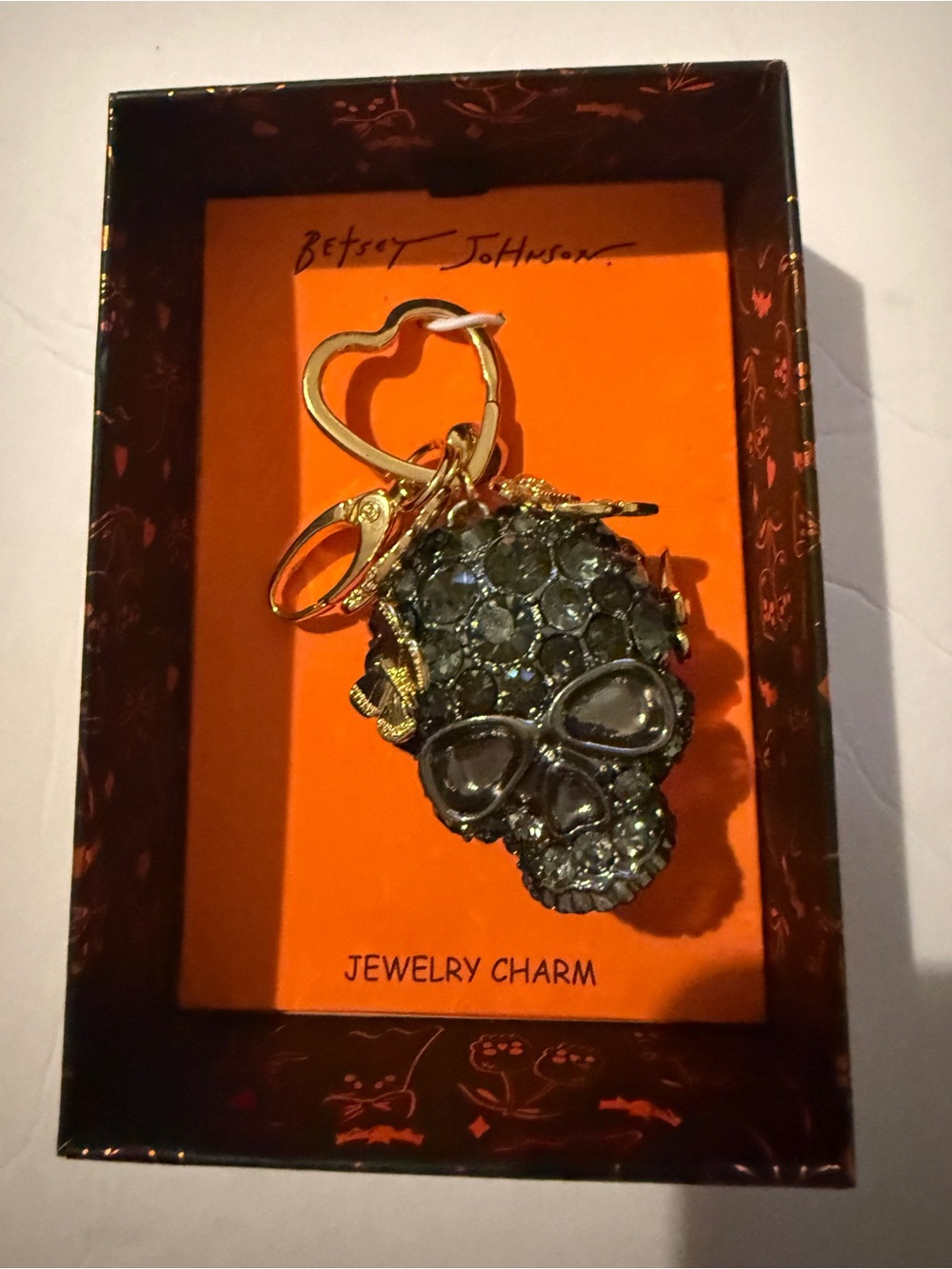 NWT Betsey Johnson Crystal Skull Bag Charm with Butterfly & Bow Accents, Hallowe
